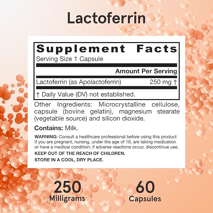 Jarrow Formulas Lactoferrin 250 mg - Immune-Supporting Glycoprotein - For Healthy Immune System Support & Iron Absorption - Freeze Dried - Gluten Free - Non-GMO - 60 Capsules (Servings)