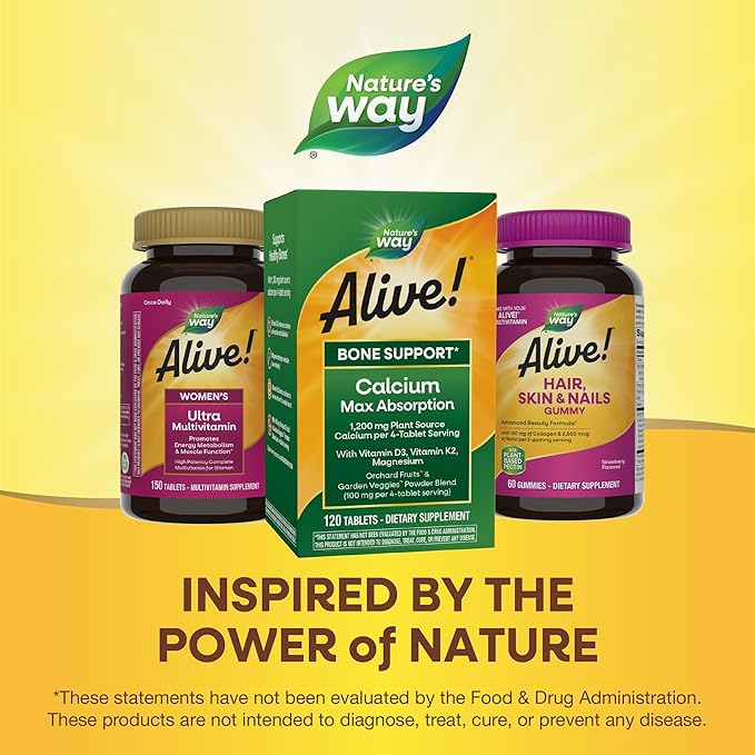 Nature's Way Alive! Calcium Max Absorption, Bone Support*, Plant Source Calcium, Vitamin D3 & K2, Magnesium, 120 Tablets (Packaging May Vary)