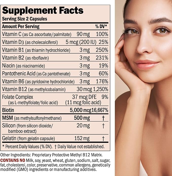 ANDREW LESSMAN Healthy Hair, Skin & Nails 240 Capsules – 5000 mcg High Bioactivity Biotin, B-Complex - Promotes Beautiful Hair, Skin, Strong Nails - No Additives Hair Growth Vitamins Biotin Supplement