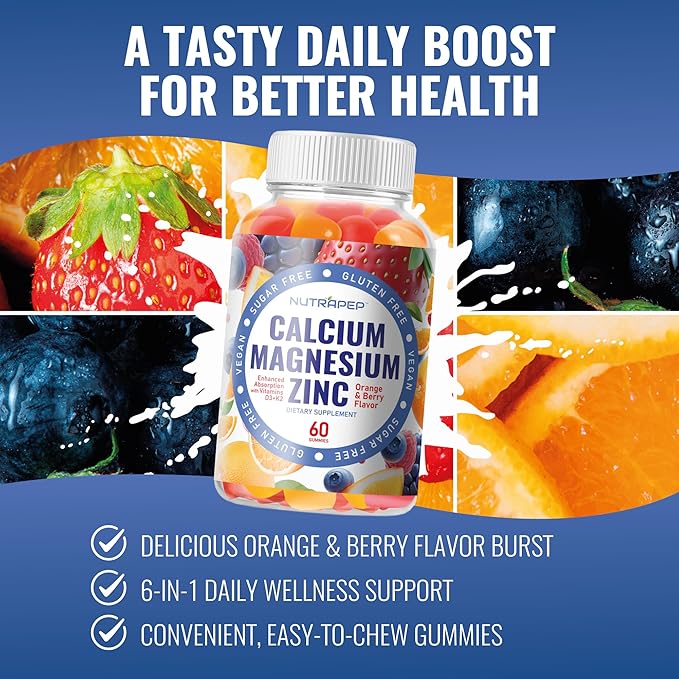Calcium Magnesium Zinc Supplement Gummies - with Vitamin D3 K2 Magnesium Glycinate - Orange Berry Flavored Vegan Sugar-Free Gluten Free Chewable for Men Women Kids