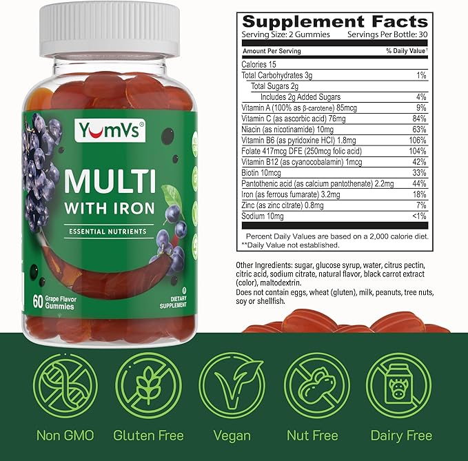 YUM-V'S YumVs Multivitamin Gummies with Iron - Grape Flavor - Vegetarian Kosher Multi Vitamins for Adults with Vitamin A C B6 B12 Biotin Zinc - No Calcium (60 Count (Pack of 2))