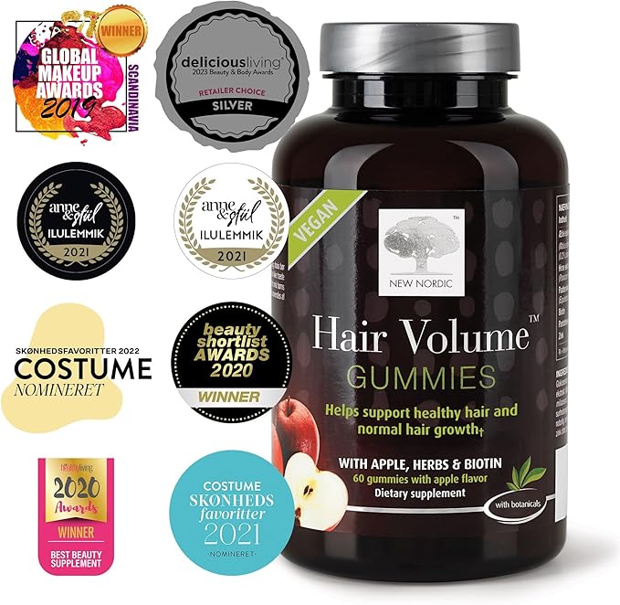 NEW NORDIC Hair Volume Gummies, 2500 mcg Biotin Daily Intake, Hair Vitamins to Support Hair Skin & Nails, Vegan Hair Supplement for Men and Women, 60 Count (Pack of 3)