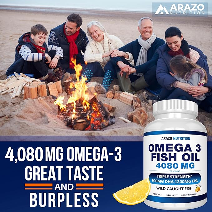 Arazo Nutrition Wild Caught Omega 3 Fish Oil – 60 Soft Gels – 4,080mg High EPA 1200mg DHA 900mg Lemon Flavor Burpless Softgels