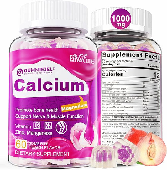Sugar-Free Calcium Citrate Gummies 1000mg, Vitamin D3 K2, Magnesium, Zinc, Boron, Manganese, Copper for Bone, Muscle & Immune, Ultimate Absorption Calcium Supplements for Women & Men - Vegan, 60 Count