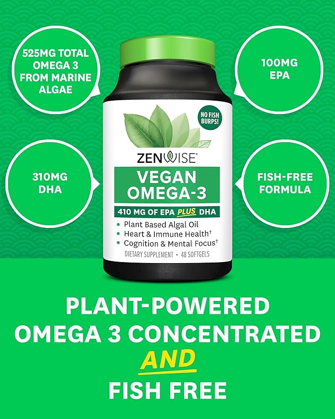 Zenwise Health Vegan Omega 3 Supplement - Fish Oil Alternative Source for EPA & DHA Fatty Acids - for Joint Support & Immune System - Heart & Skin Health Booster (48 Count)