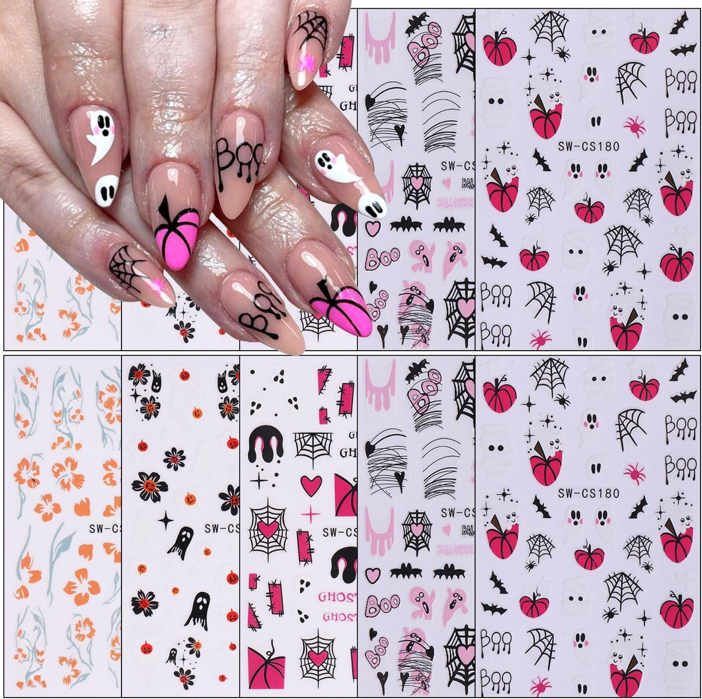 Halloween Nail Decals - 10 Sheets Self-Adhesive Nail Design Stickers with Pumpkin, Spider Web, Bleeding Nail Art, Spooky Ghost, Flowers, Boo Bat for Women DIY Halloween Nail Decor