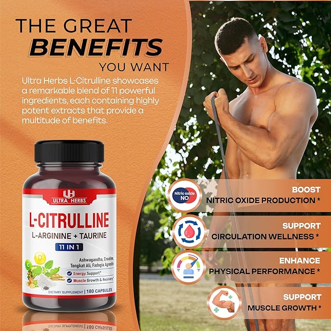 L-Citrulline Supplement Capsules Enriched with L-Arginine, Taurine, Creatine, Tongkat Ali, Fadogia Agrestis | Ultra Nitric Oxide Booster for Muscle Endurance, Stamina & Recovery | 180 Capsules