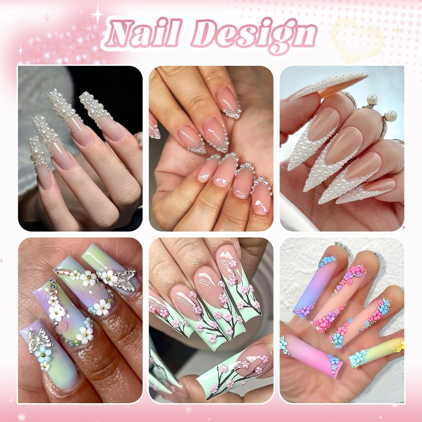 Pearls Nail Charms - White Flatback Pearls, 3D Flowers & Rhinestones Glue Gel for Nail Art