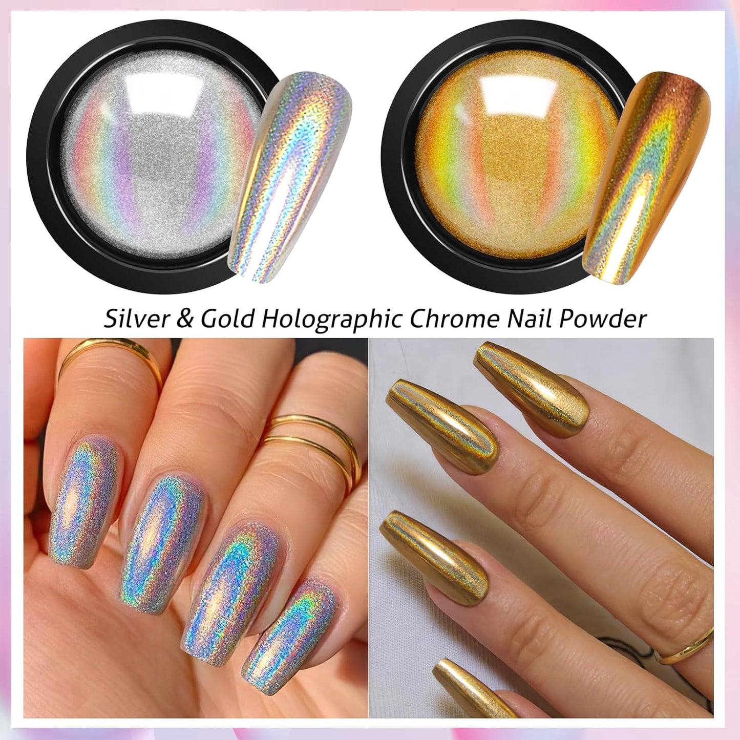 Gold Silver Chrome Nail Powder, 12 Colors Iridescent Holographic Unicorn Chrome Powder for Nails, Metallic Mirror Effect Rose Gold Champagne Nail Powder Pigment Glitter Foils Flakes Nail Art