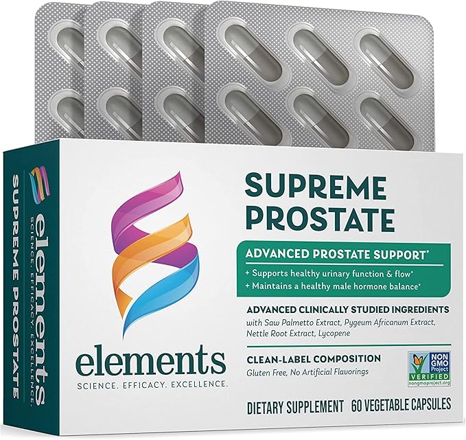 Elements Supreme Prostate, 60 Capsules (30 Day Supply), Advanced Prostate Support Supplement, Supports Healthy Urinary Flow and Function, Gluten Free