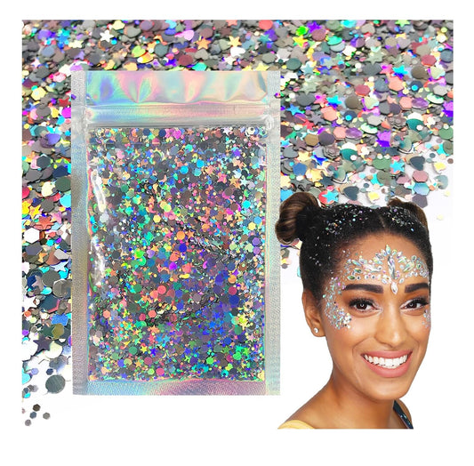 Holographic Silver - Electric Bliss Beauty - Chunky Biodegradable Glitter for Festivals, Crafts, Cosmetics - Eco Friendly Body Glitter for Hair, Nails, Face & More (Holo Silver)