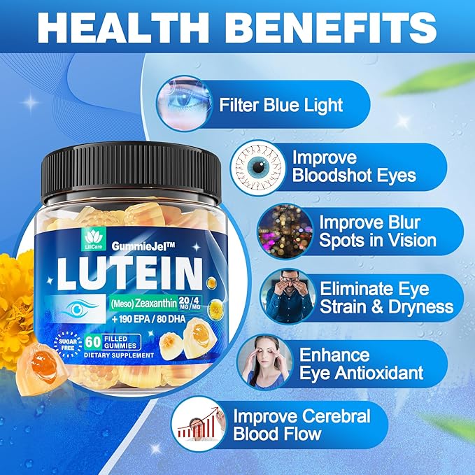 Sugar Free Lutein 20mg 40mg and Zeaxanthin Gummies for Eyes with EPA 190mg & DHA 80mg, Eye Vitamins Filled Gummies Plus Bilberry, Goji Berry & Saffron, Eye Health Supplements for Adults - Vegan, 60Cts
