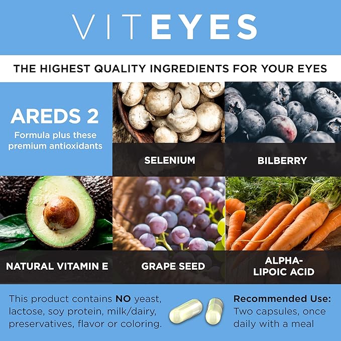 Viteyes AREDS 2 Advanced Eye Vitamins, Macular Support with Bilberry, grapeseed, FLORAGLO Lutein, Selenium, Natural Vitamin E, Allergen Free, Vision Protection, Eye Doctor Trusted, 180 Count