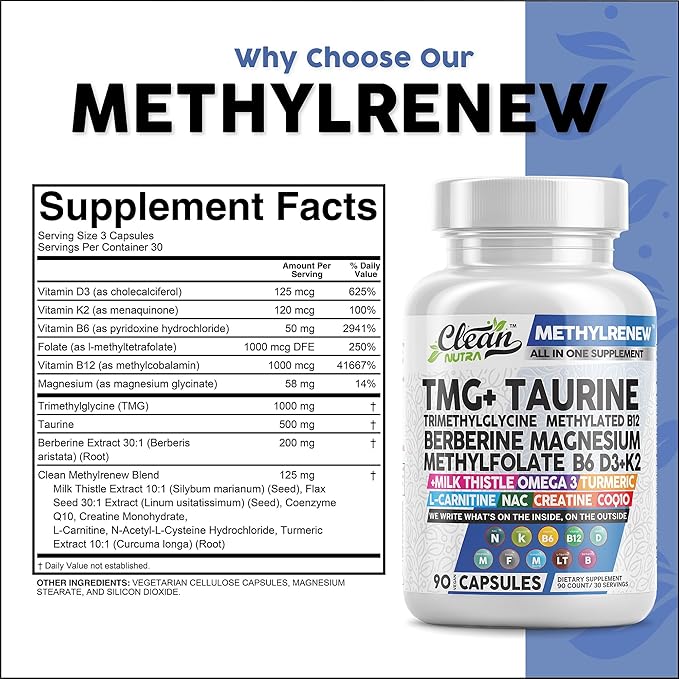 Clean Nutraceuticals TMG Taurine Supplement - Methylated Multivitamin with B6 Vitamins, B12, D3 K2, Magnesium Methylfolate Milk Thistle Omega 3 Turmeric NAC L Carnitine Creatine COQ10 & More, 90 Ct
