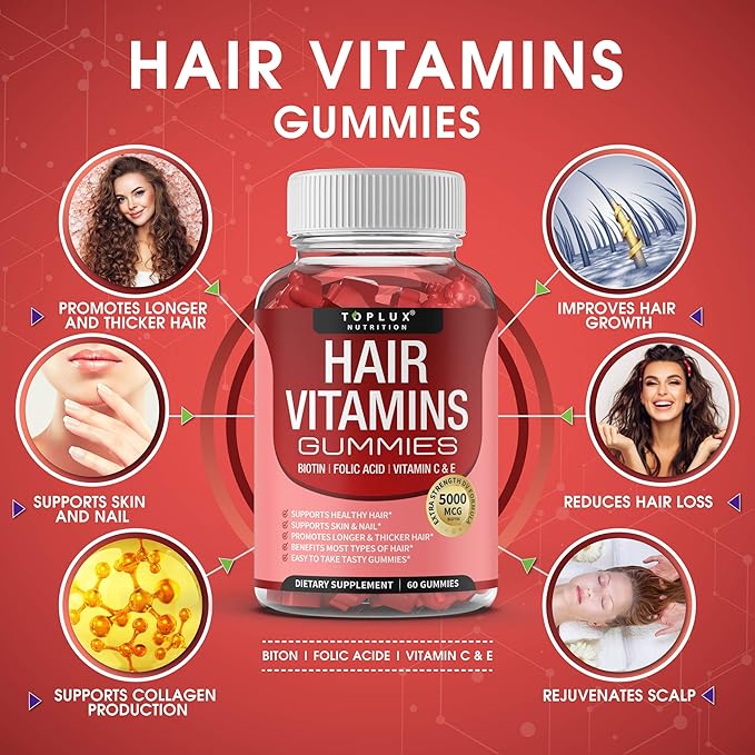 Hair Vitamins Gummies Supplement – Faster Hair Growth Gummy 5000mcg Biotin, Folic Acid, Vitamin C & E, Support Stronger & Thicker Hair, Skin, Nails, Non-GMO, for Men Women, 60 Berry Flavored Gummies