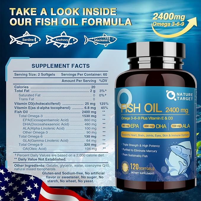 Triple Omega 3 6 9, Fish Oil 2400mg Softgels with Vitamin D3 & E - EPA & DHA & ALA - Supports Heart, Brain, Joint & Immune Health, Sustainably Sourced, Non-GMO