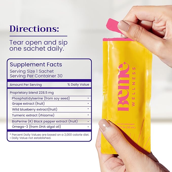 BeMe Vegan Omega-3 Liquid Supplement for Adults, BeSharp - Algae Omega 3 DHA Supplements for Women & Men - Drinkable Supplement Supports Memory, Concentration, & Cognitive Function (30 Sachets)