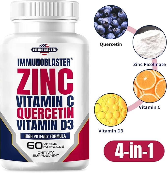 ImmunoBlaster Zinc Quercetin 500mg with Vitamin D and C Antioxidant Immune Support High Potency Quercetin Zinc Supplement for Men and Women - Gluten, Soy, & Dairy Free - 60 Count (Pack of 1)