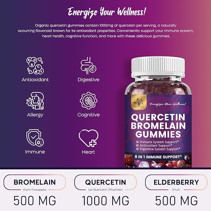 (2 Pack) Quercetin Gummies with Bromelain Zinc Elderberry Vitamin C D3 K2, Quercetin 1000mg Supplement with Bromelain 500mg for Cardiovascular, Immune System & Allergy, Vegan Gummy for Adult & Kid
