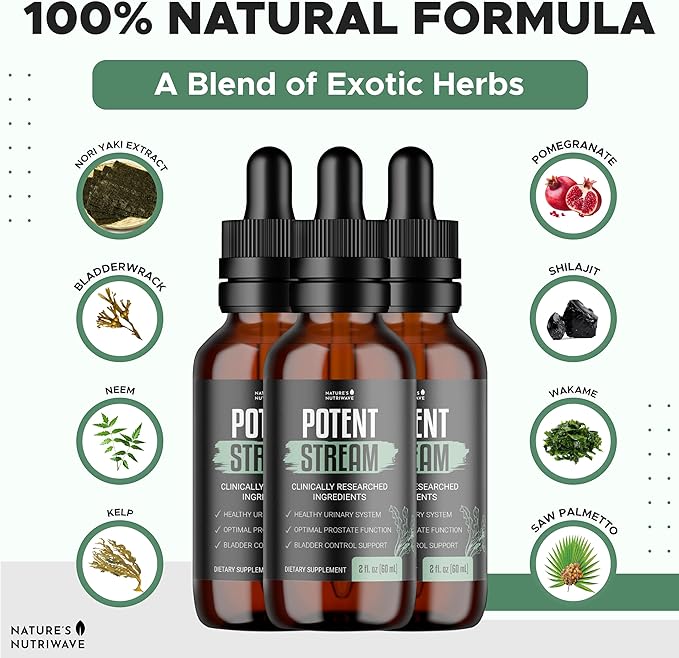 Nature's NutriWave Potent Stream Drops - Original Formula, Natural Prostate Supplements for men, bladder control supplements with Saw Palmetto - Reduce Bathroom Trips, Urinary Support - 3 Month Supply