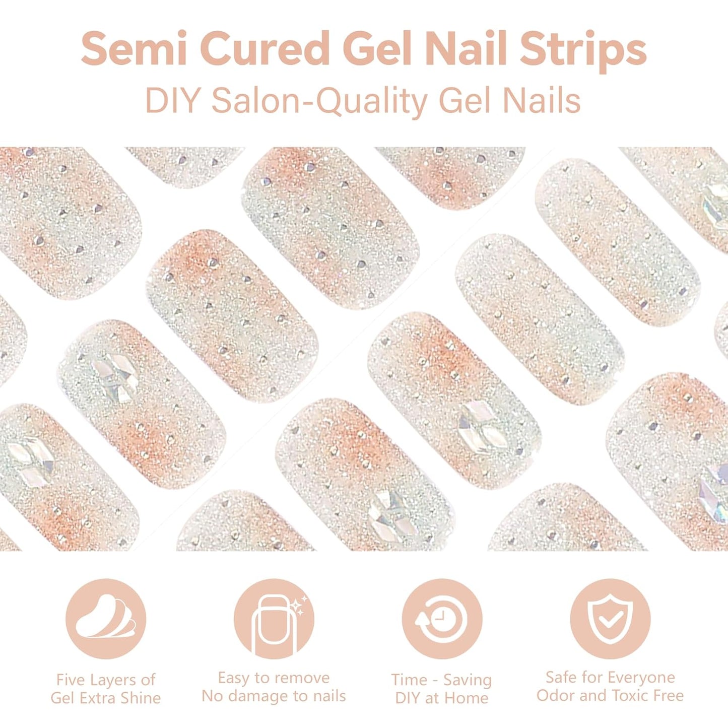 Semi Cured Gel Nail Strips-Salon Quality Semi-Cured Gel Press On Nails Stickers Quick DIY Nail Art Manicure Kits for Women at Home Works with Any UV/LED Lamps(Gilded Constellation）
