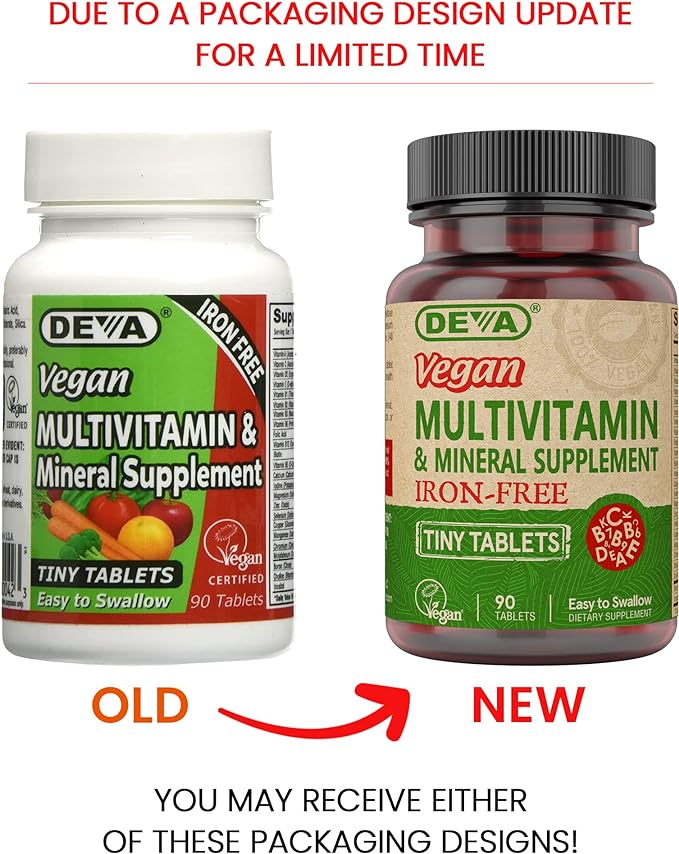 DEVA Tiny Tablets Vegan Multivitamins for Women & Men, Multivitamin Iron Free, Mineral Supplement, Vitamin C, Vitamin B Complex, Vitamin B12, Vitamin E, Zinc, Gluten Free, 90 Tablets