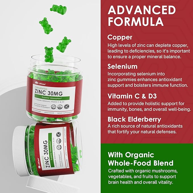 Zinc Gummies 30mg, High Absorption Fermented Zinc Supplements + Copper, Selenium, Vitamin C & D, Black Elderberry, Zinc Complex for Daily Immune Support, Powerful Antioxidant, Vegan, Sugar Free 2 Pack