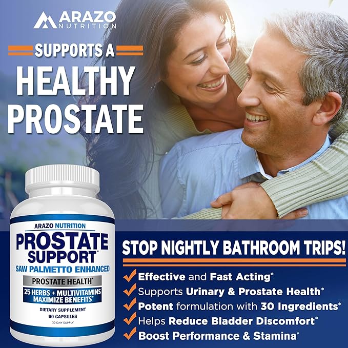 Arazo Nutrition Prostate Supplement - Saw Palmetto + 25 Herbs - Reduce Frequent Urination, Reduce Hair Loss, Support Stamina – Single Homeopathic Herbal Extract Health Supplements - Capsule or Pill