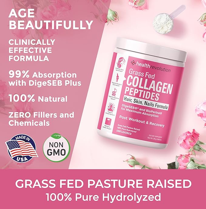 Hydrolyzed Collagen Peptides Powder - Skin, Hair, Nails & Joint Support, Grass-Fed Collagen Enhanced with Probiotics & Digestive Enzymes, Types I & III - Non-GMO, Gluten-Free, Unflavored, 35 Servings