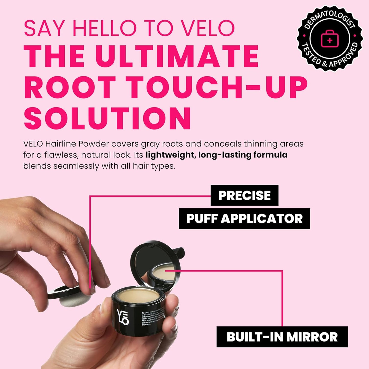 VELO Hairline Powder–MEDIUM BLONDE Hair Root Touch Up Powder for Women & Men–Instantly Covers Gray Hair, Thinning Hair & Bald Spots–Sweatproof Root Cover Up–Puff & Mirror Compact, 13 Shades