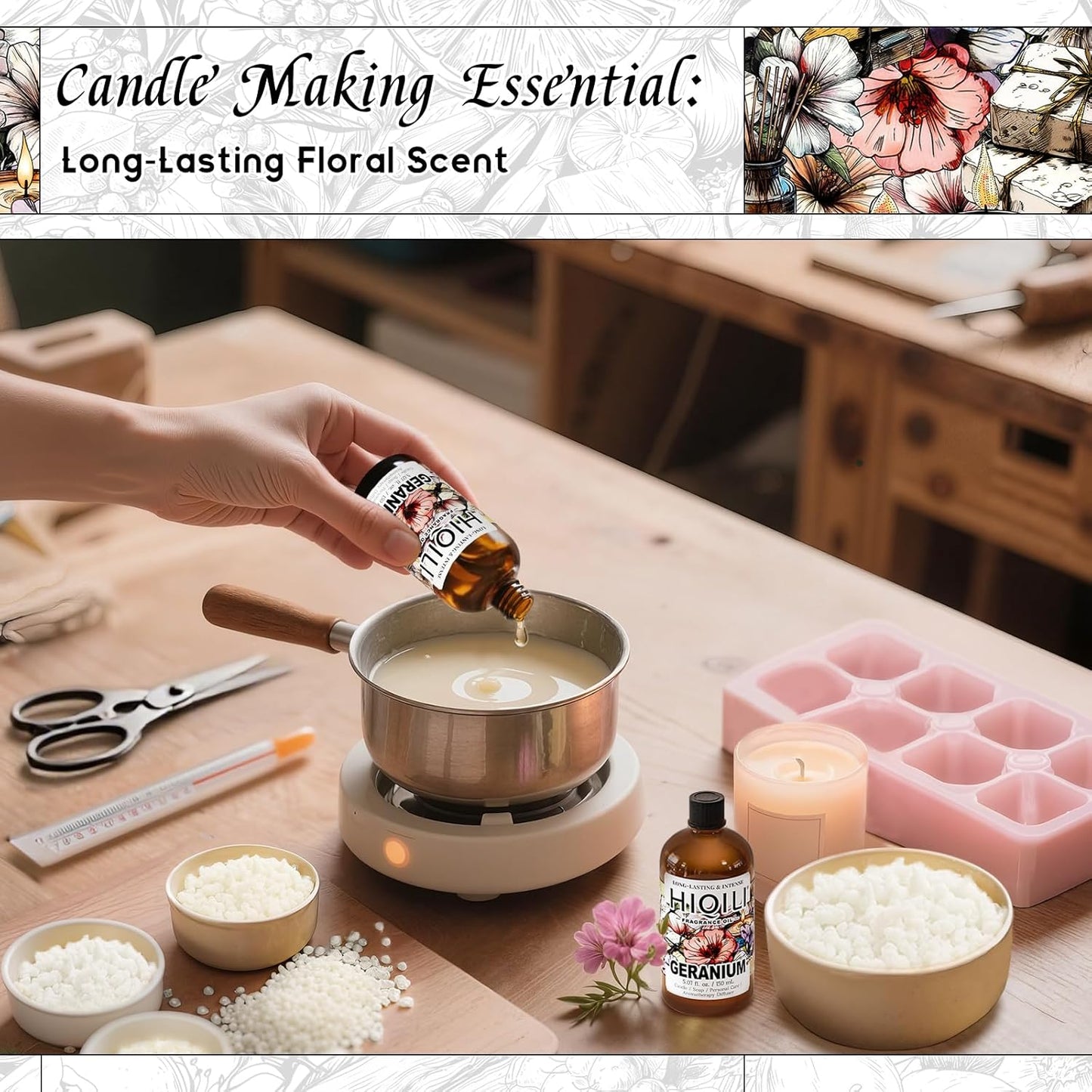 HIQILI Geranium Fragrance Oil for Home Diffuser, Relaxation, Essential Oil for Candle & Soap Making, Long-Lasting Scents, Car Freshies - 5.07 Fl Oz