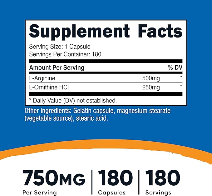 Nutricost L-Arginine L-Ornithine 750mg; 180 Capsules (3 Bottles)