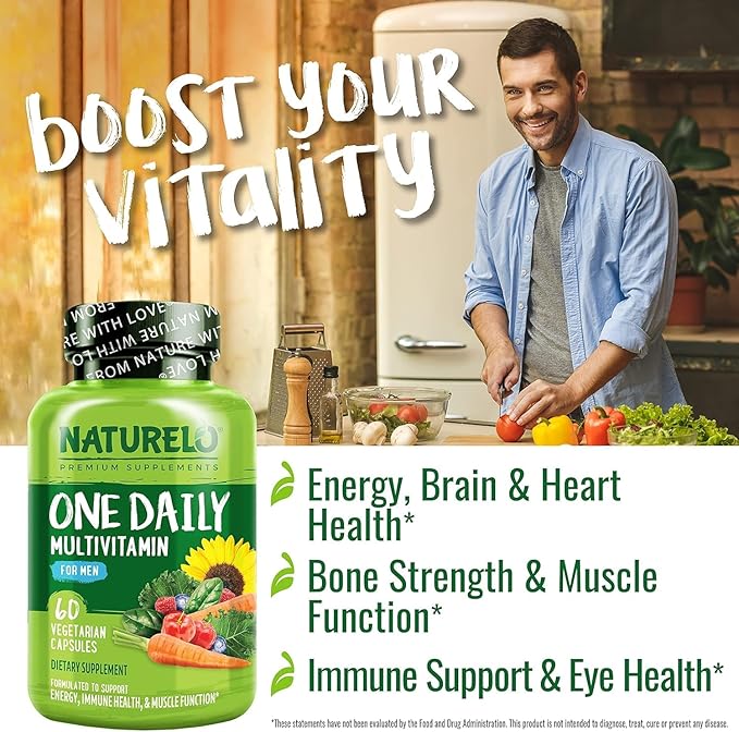 NATURELO One Daily Multivitamin for Men - with Vitamins & Minerals + Organic Whole Foods - Supplement to Boost Energy, General Health - Non-GMO - 60 Capsules - 2 Month Supply