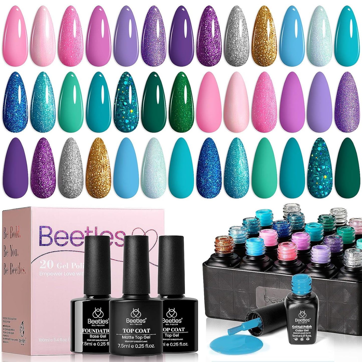 Beetles Purple Gel Nail Polish Set, 20 Colors Blue Green Pink Purple Shimmer Glitter Mermaid Gel Polish Kit with Base Top Coat Soak off Uv Nail Art Halloween Gifts for Women