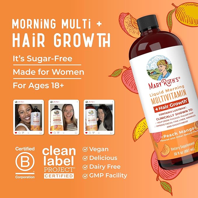 MaryRuth's Liquid Multivitamin + Lustriva® Hair Growth for Women| Biotin 10000mcg | Vitamin D | B Vitamins | Clinically Tested for Thicker Hair, Wrinkles, Fine Lines, Skin Care | Ages 18+ | 30 Fl Oz
