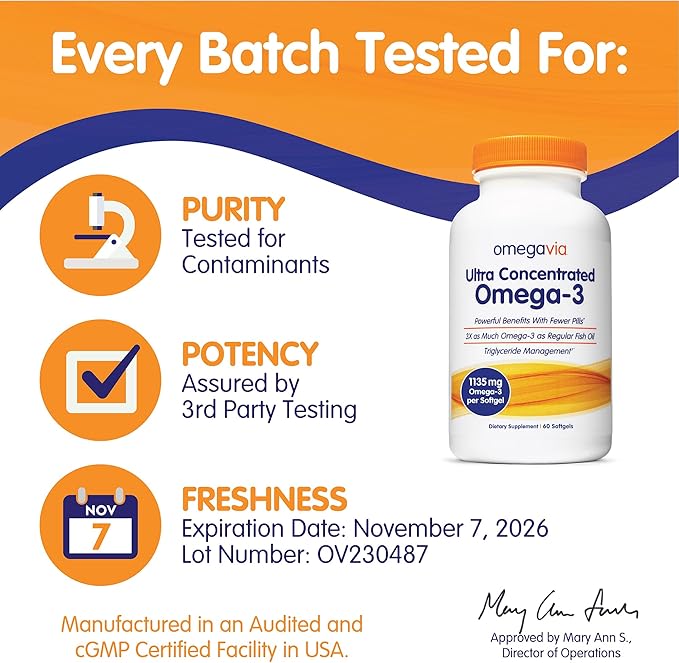 OmegaVia Ultra Concentrated Omega 3 Fish Oil Burpless, 60 Softgels, Triple Strength Omega 3 Fish Oil Supplements, 1135 mg Pure Omega3, No Fishy Burps, High EPA DHA DPA, IFOS 5-Star