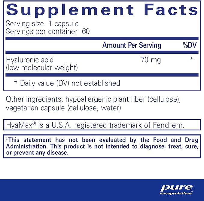 Pure Encapsulations Hyaluronic Acid - for Skin Hydration, Joint Lubrication & Joint Health* - Effective Absorption - Gluten Free - Vegan & Non-GMO - 60 Capsules