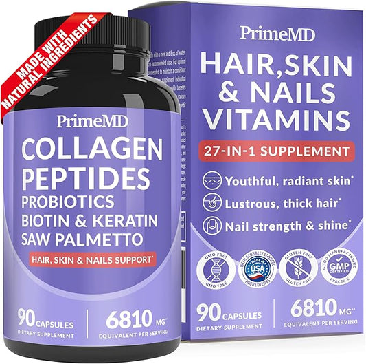 27-in-1 Hair Skin and Nails Vitamins (6810mg) w/Biotin 10000mcg - Biotin and Collagen Supplements for Men and Women - Hair Growth Vitamins, Keratin Supplements with Probiotics and Saw Palmetto, 90ct