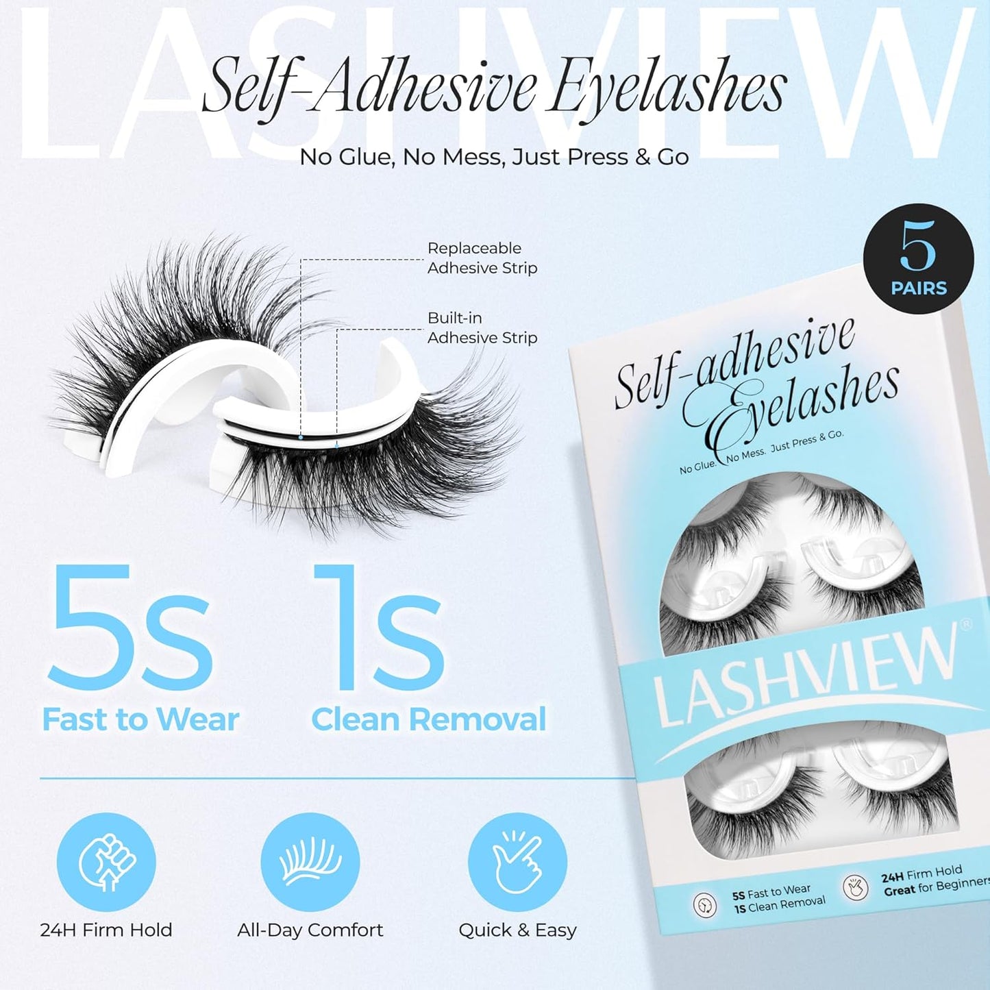 LASHVIEW Self Adhesive Eyelashes 5 Pairs Cat Eye Wispy Self-adhesive False Lashes Reusable Natural Look Press On Lashes No Glue Need Eyelashes with Replacement Adhesive Strips (CV131)