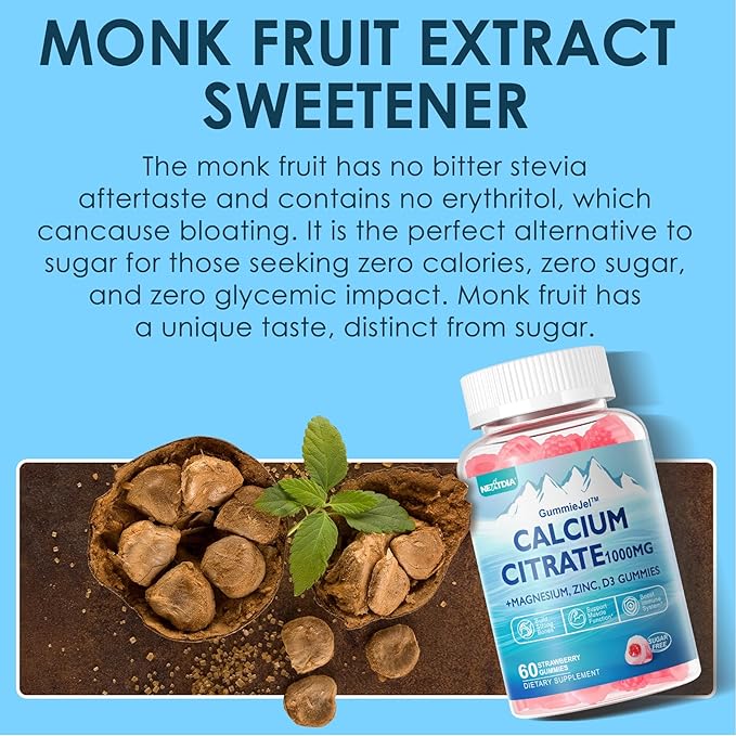 Calcium Citrate 1000mg Filled Gummies + Vitamin D3, Magnesium, Potassium, Zinc & B6 - Bones Strength, Muscle & Immune Support - Sugar Free Calcium Supplement for Women Men, Vegan Calcium Chews, 60Cts