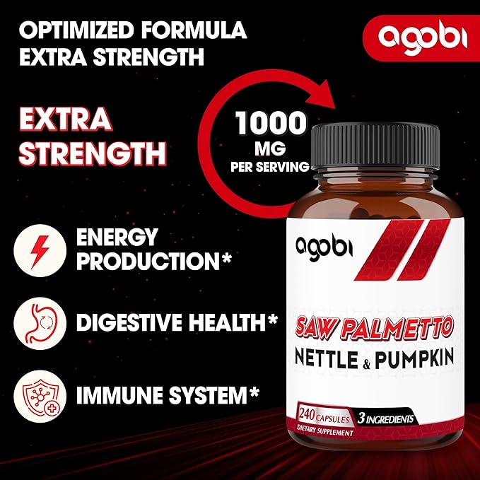 agobi 1000mg Saw Palmetto Supplement with Nettle Leaf & Pumpkin - High Extract Support for Restful Mood, Hair Health, Immune System & Energy Production - 240 Veggie Capsules for 4-Month Suppply