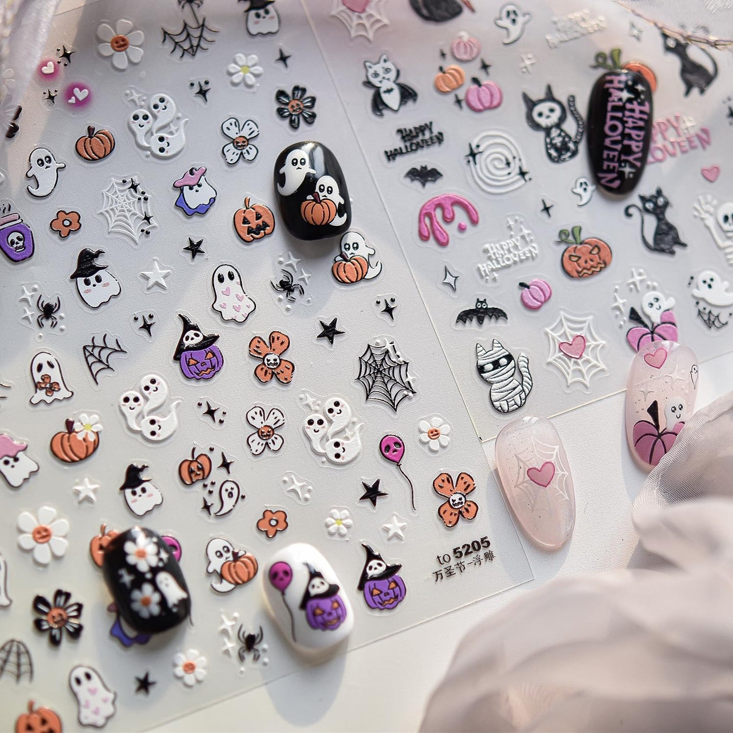 Halloween Nail Stickers for Nail Art Pink Black Cute Cat Skeletone Pumpkin Nail Art Stickers 5D Embossed Nail Decals 3D Self-Adhesive Nails Supply Manicure Sliders for Nails Decoration
