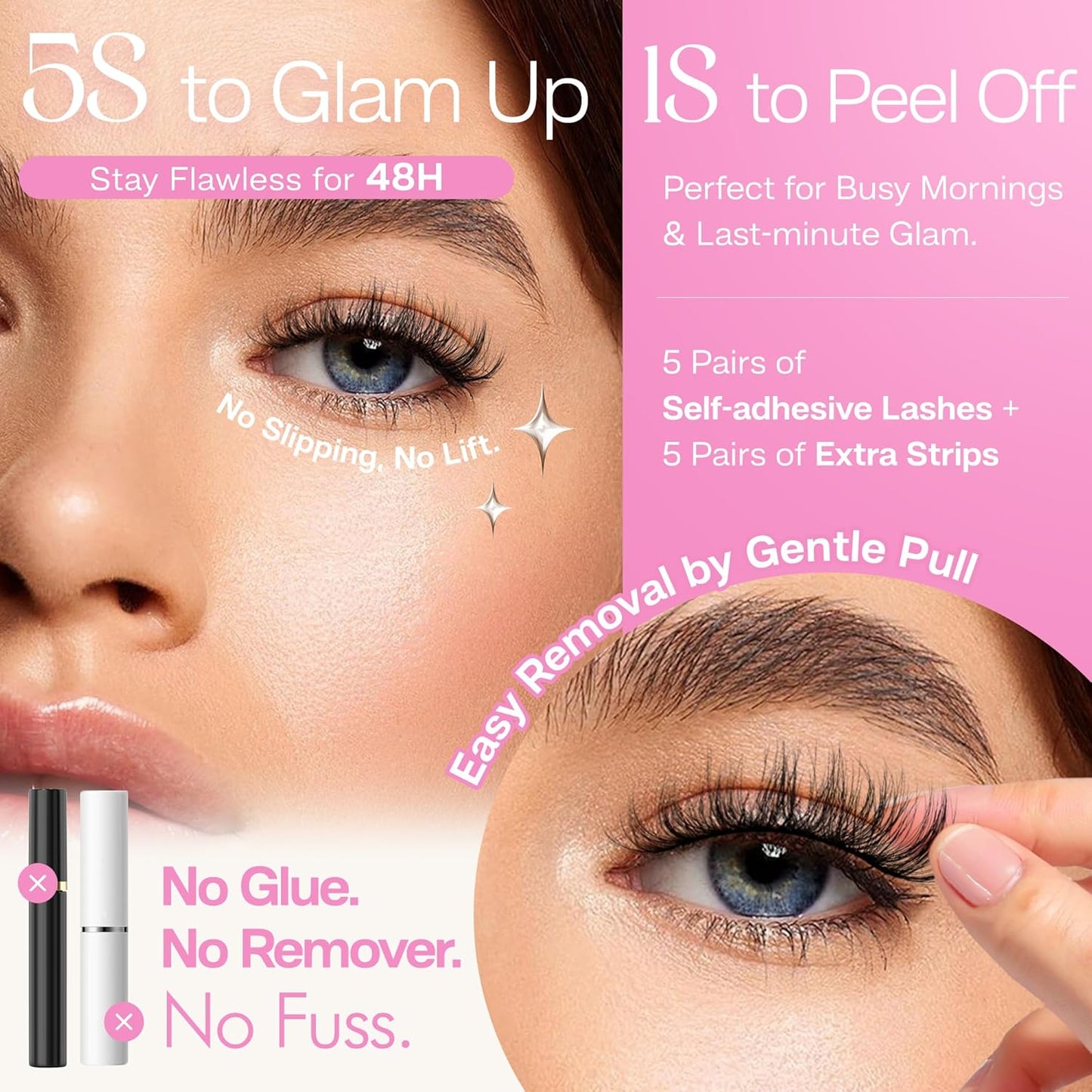 CALAILIS Self Adhesive Eyelashes 5 Pairs Natural Look Press On Lashes No Glue Need Eyelashes Reusable Cat Eye Wispy Self-adhesive False Lashes with Replacement Adhesive Strips (C131)