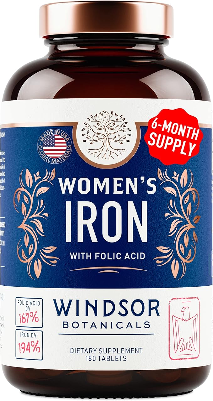 Iron Supplement for Women with Folic Acid - 35mg Gentle Iron, 667mcg Folate Vitamin B9 - Anemia, Period, Pregnancy Support Prenatal Iron Supplements Ferrous Sulfate Pills - 180 Vegan Iron Tablets