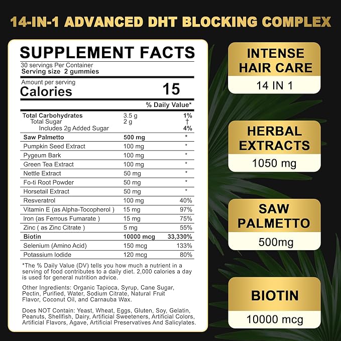 DHT Blocker Gummies Hair Growth Supplement, Super Potency Saw Palmetto & Biotin 10000 mcg for Women & Men, Plus 12 Proprietary Blend - Prevent Hair Loss, Blocking DHT Receptors, Hormonal Balance