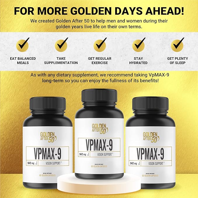 Golden After 50 VpMax-9 - Sight Care and Antioxidant Supplement with Eye Vitamins, Lutein, Lycopene and Bilberry Extract - 6 Bottles