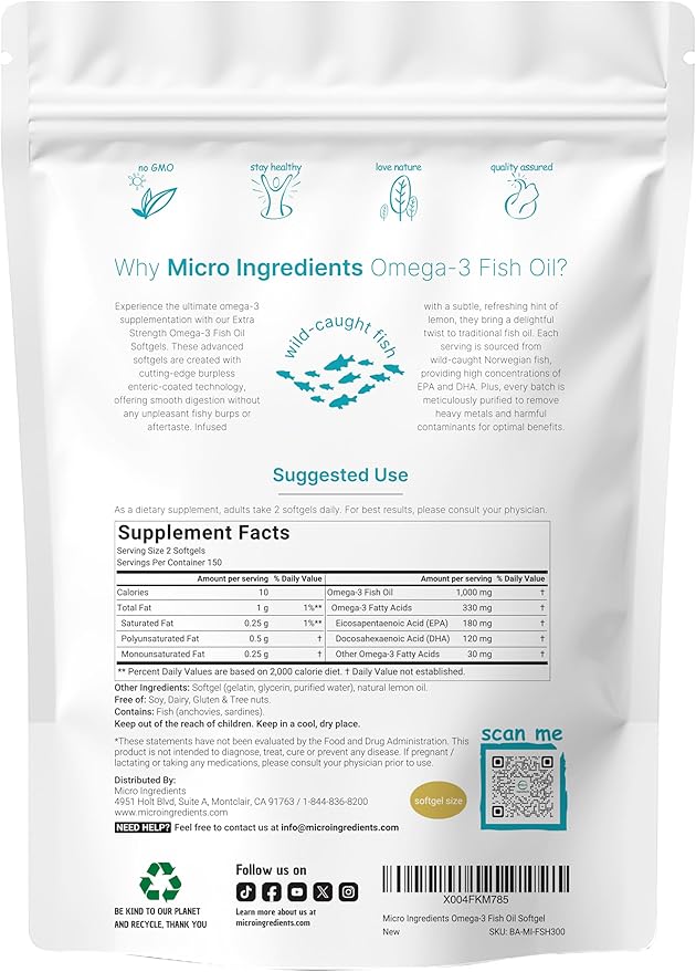 Extra Strength Omega 3 Fish Oil Supplements 1,000mg Per Serving, 300 Softgels | Lemon Flavored | Burpless | EPA 180mg + DHA 120mg | Deep Sea Fish