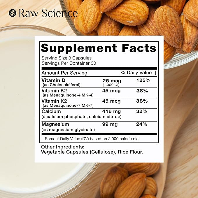 Calcium Citrate with Vitamin D3 K2 & Magnesium Glycinate - Bone Strength Supplement - Plant Based Calcium Supplements for Women & Men - Magnesium and Calcium D3 K2 Pills for Bone Health - 90 Capsules