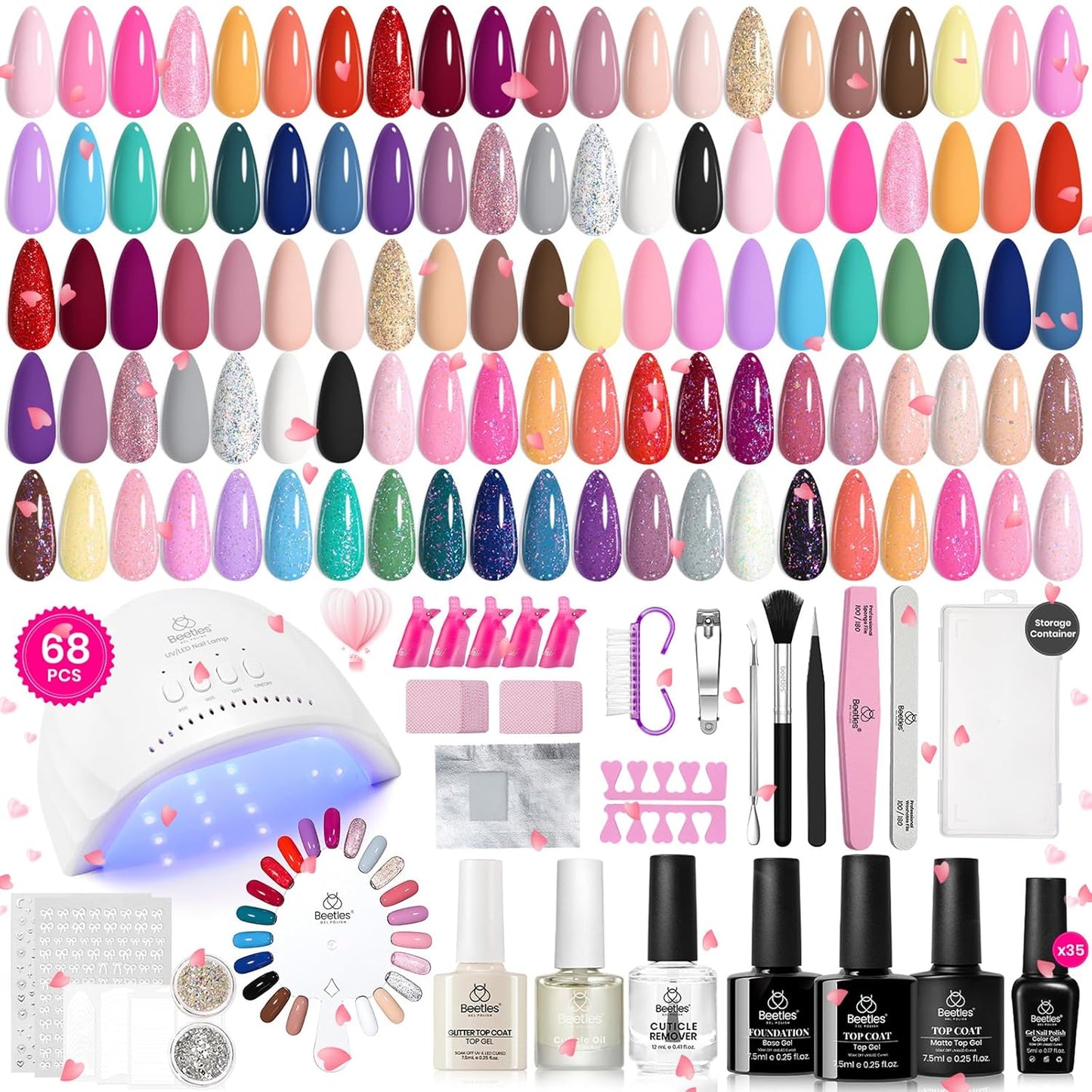 Beetles Gel Nail Polish Kit with U V Light - 68 Pcs Set 35 Colors Pink Glitter Nude Gray Gel Polish with Base Matte&Glossy Top Coat Vivid Seasons Gel Nail Set Nail Art Gift for Women & Girls