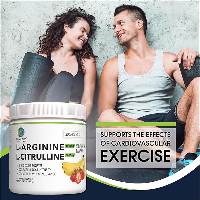 L-Arginine 5000mg + L-Citrulline Complex Powder Supplement Drink Mix - Nitric Oxide Booster for Heart Health, Blood Flow & Energy - 30 Servings (Strawberry Banana)